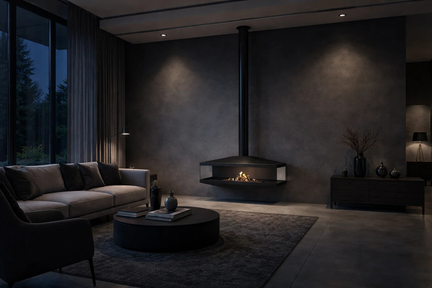 Image of Aura Close Tube Black See-Through Ceiling Fireplace 120 cm