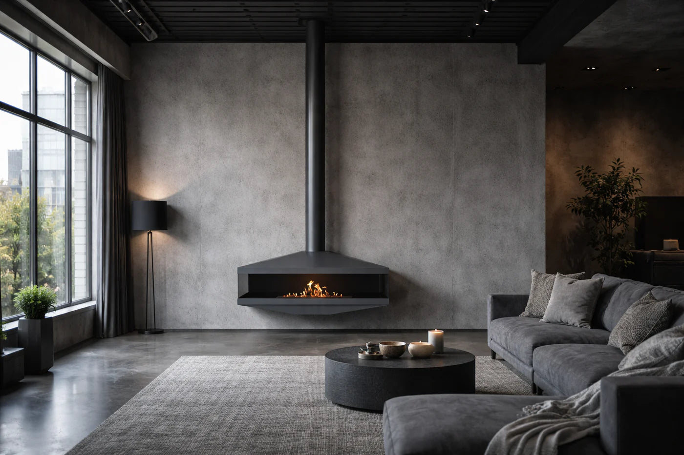 Aura Close Tube Black See-Through Ceiling Fireplace 120 cm