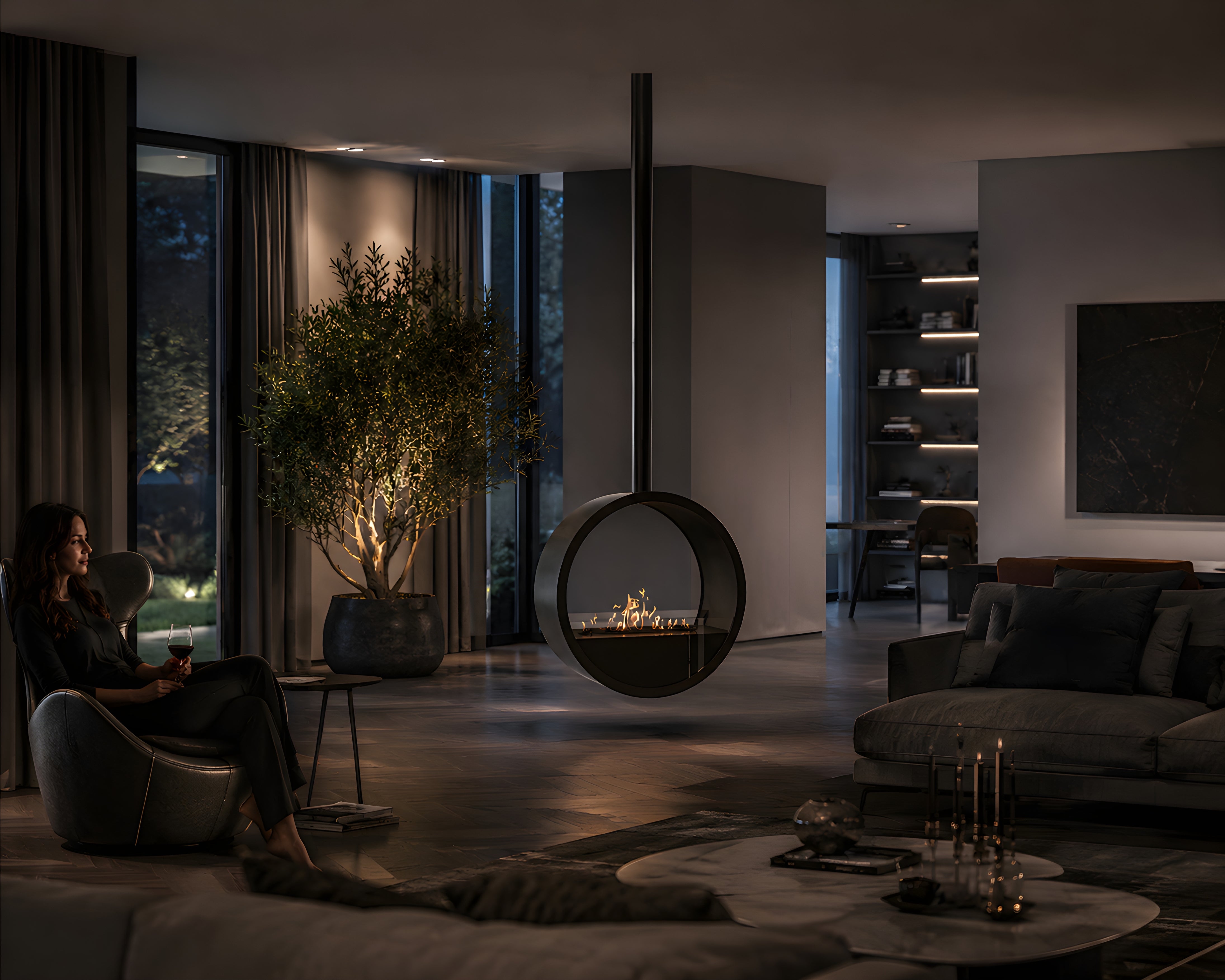 Image of Aurel Roundfire Ceiling Fireplace Black Ø80 - Ø120 cm