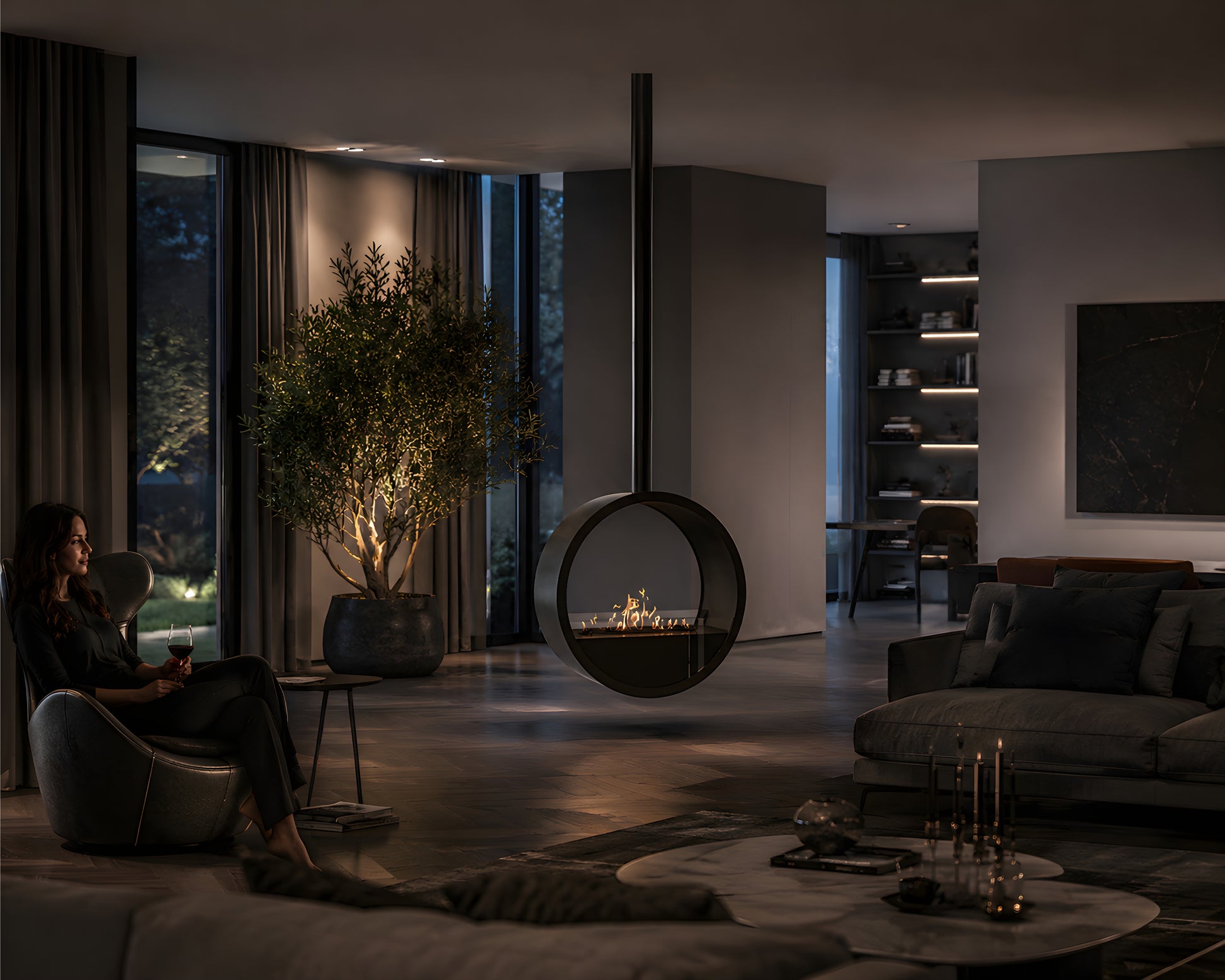 Aurel Roundfire Ceiling Fireplace Black Ø80 - Ø120 cm