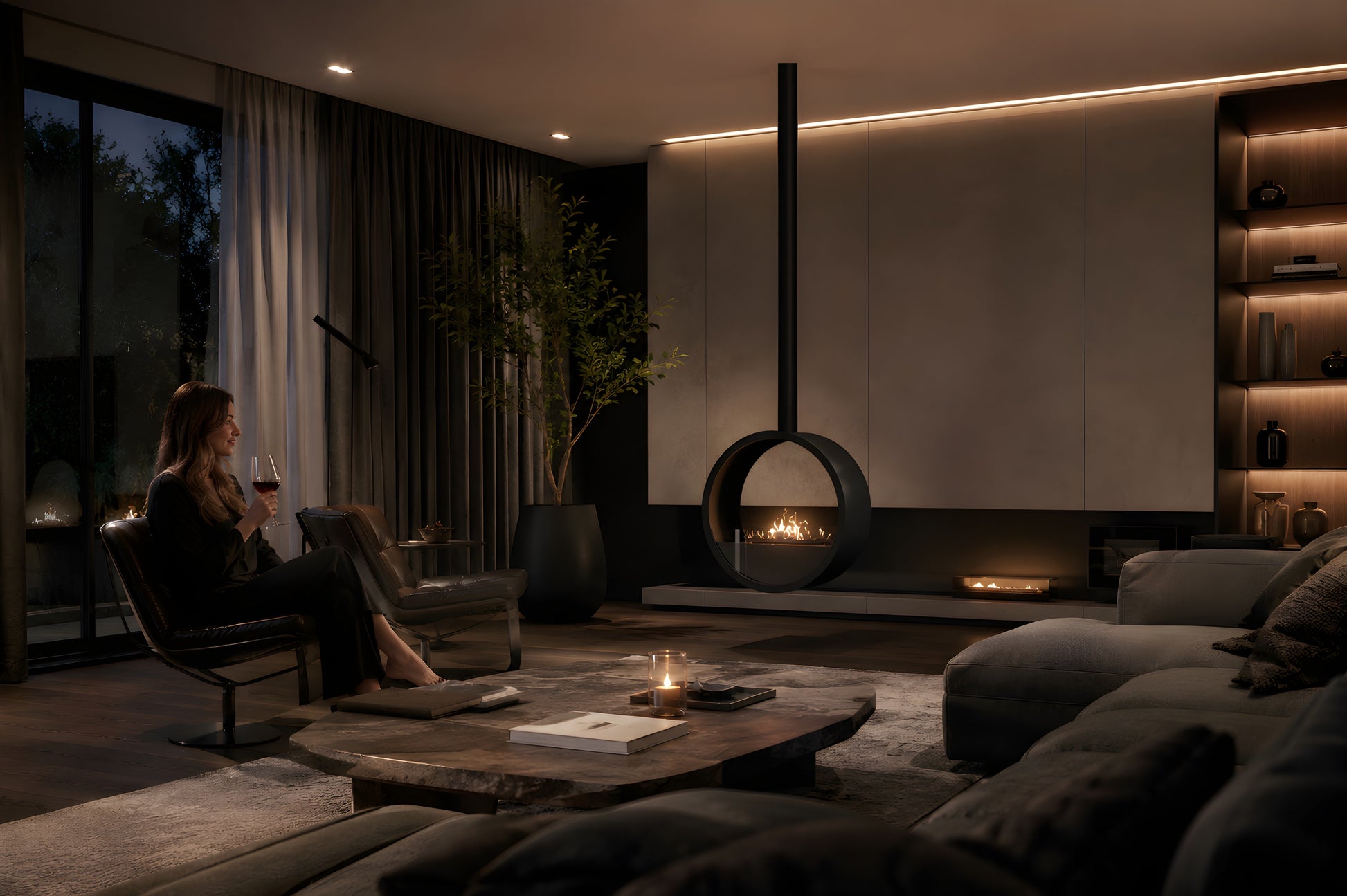 Aurel Roundfire Ceiling Fireplace Black Ø80 - Ø120 cm