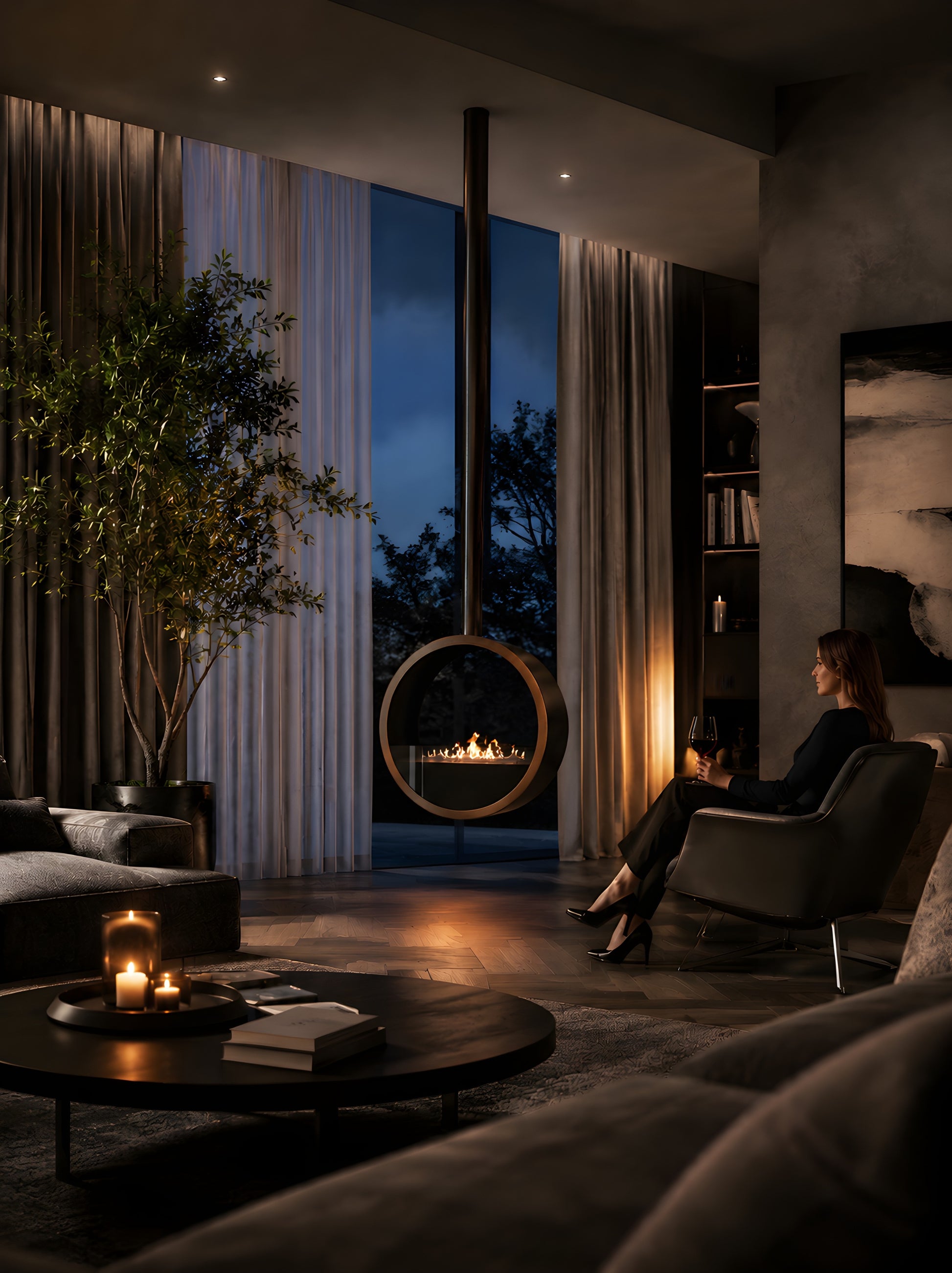Aurel Roundfire Ceiling Fireplace Dark Bronze Ø80 - Ø120 cm