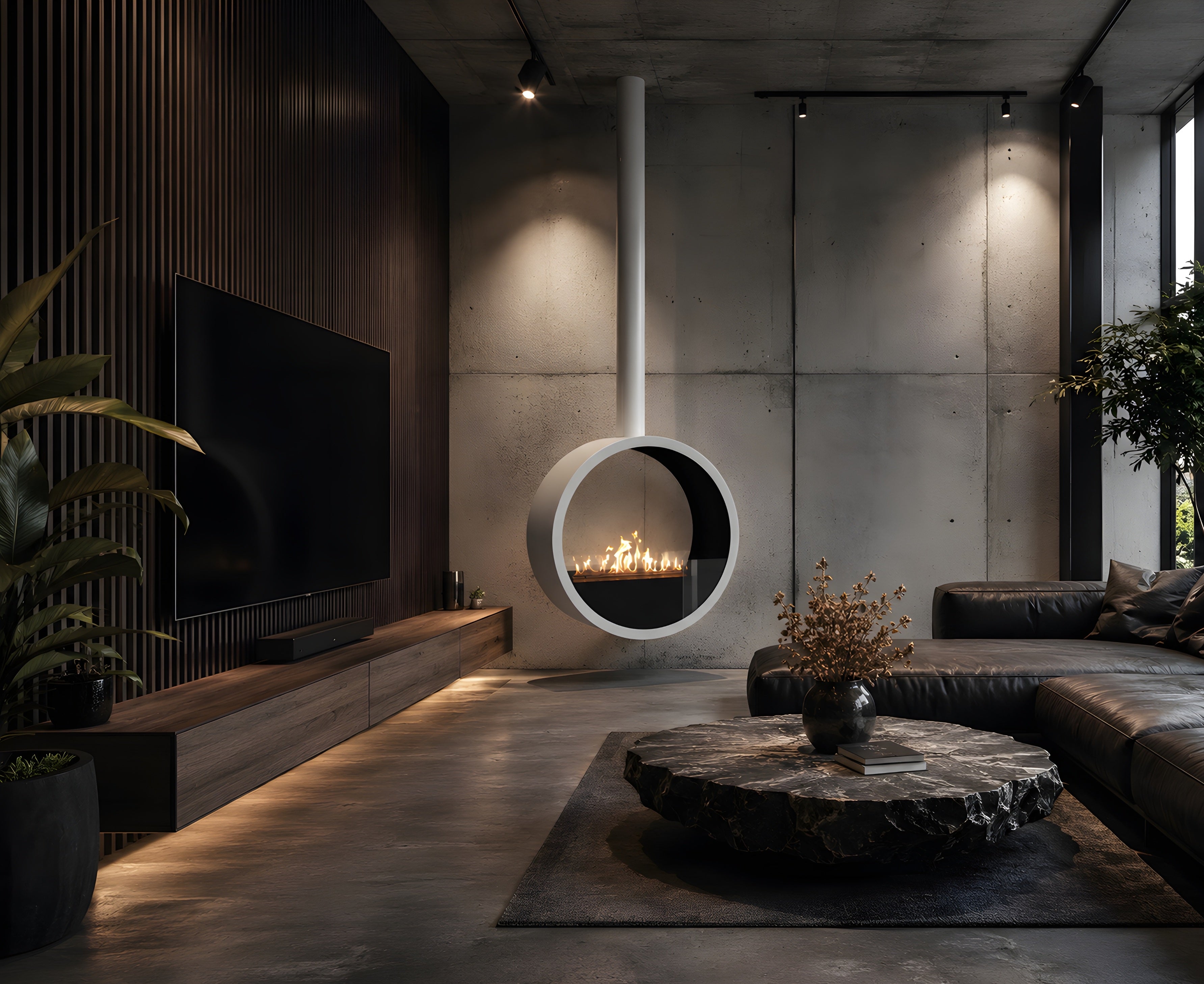 Image of Aurel Roundfire Ceiling Fireplace White Ø80 - Ø120 cm