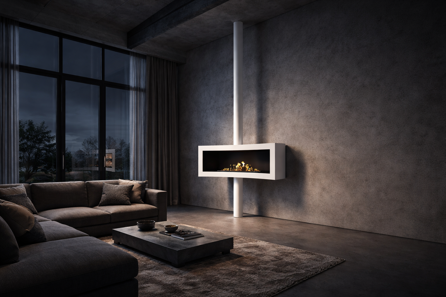 Image of Curve Tube White Ceiling Fireplace 120 cm