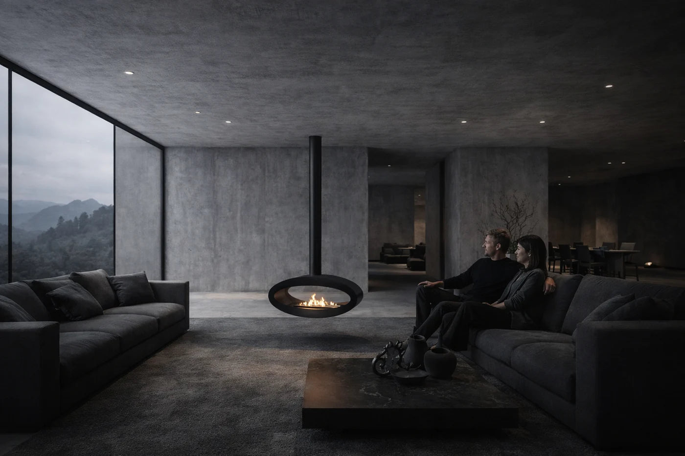 Image of Ova Tube Black See-through Ceiling Fireplace 100 cm