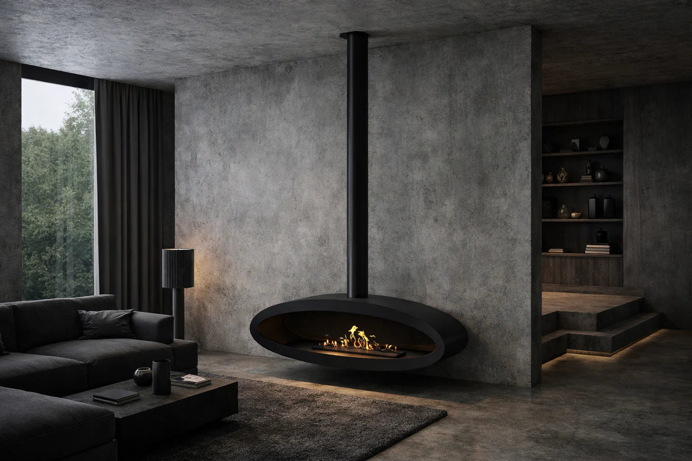 Ova Tube Closed Black Ceiling Fireplace 120 cm