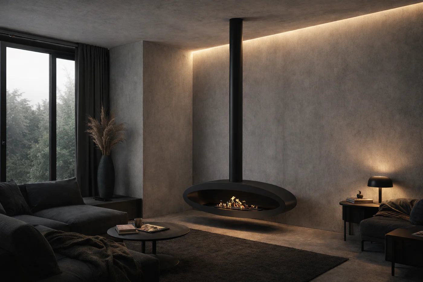 Ova Tube Closed Black Ceiling Fireplace 120 cm