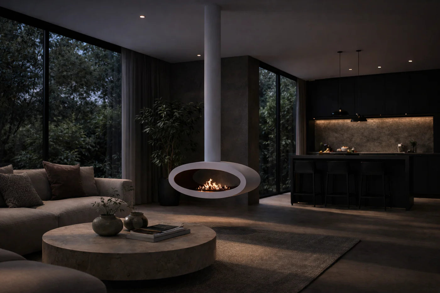 Image of Ova Tube White See-Through Ceiling Fireplace 100 cm