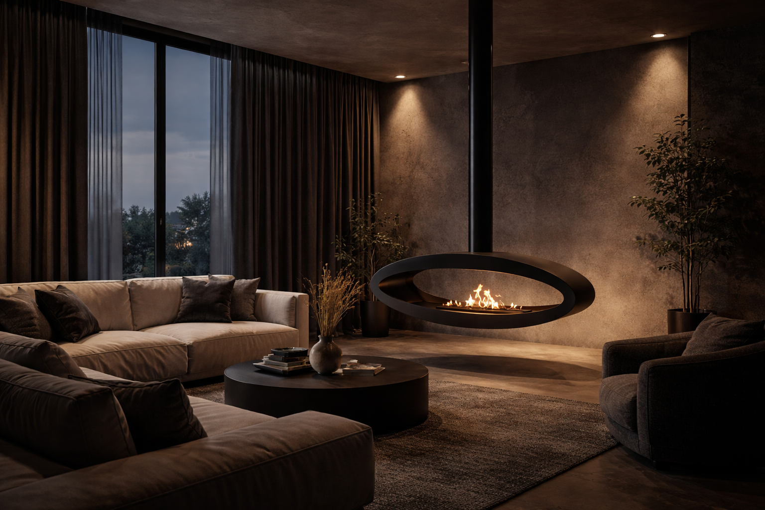 Ova Tube Black See-through Ceiling Fireplace 120 cm