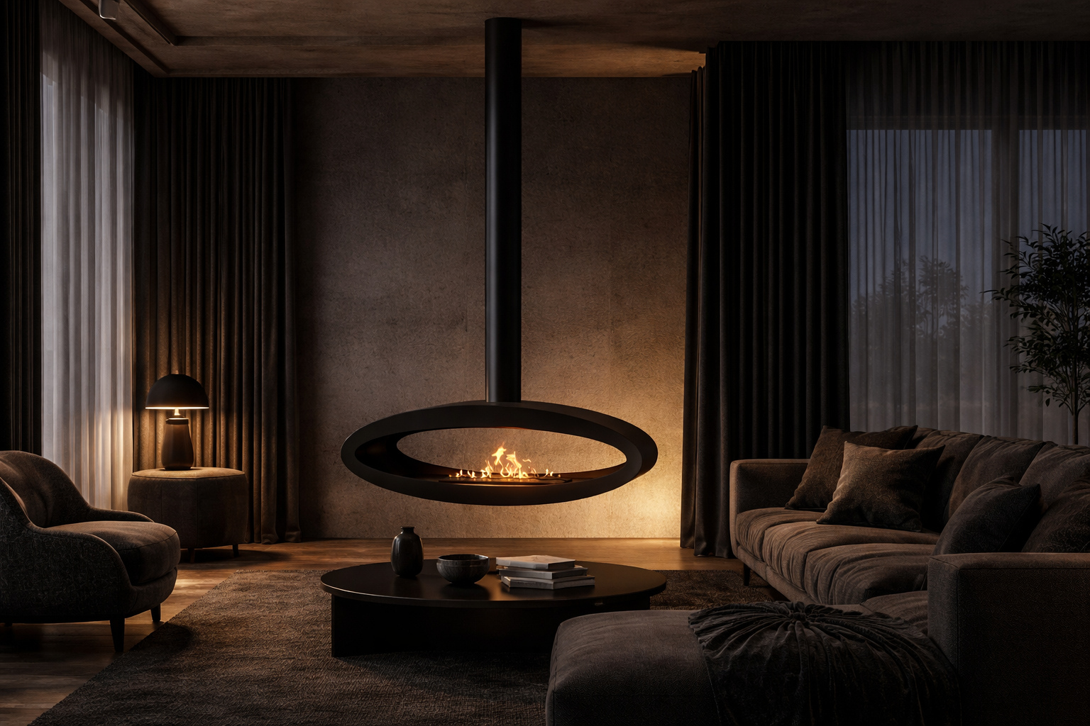 Image of Ova Tube Black See-through Ceiling Fireplace 120 cm
