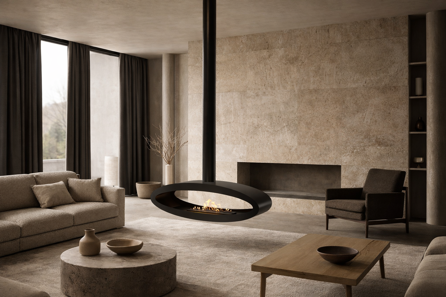 Ova Tube Black See-through Ceiling Fireplace 120 cm