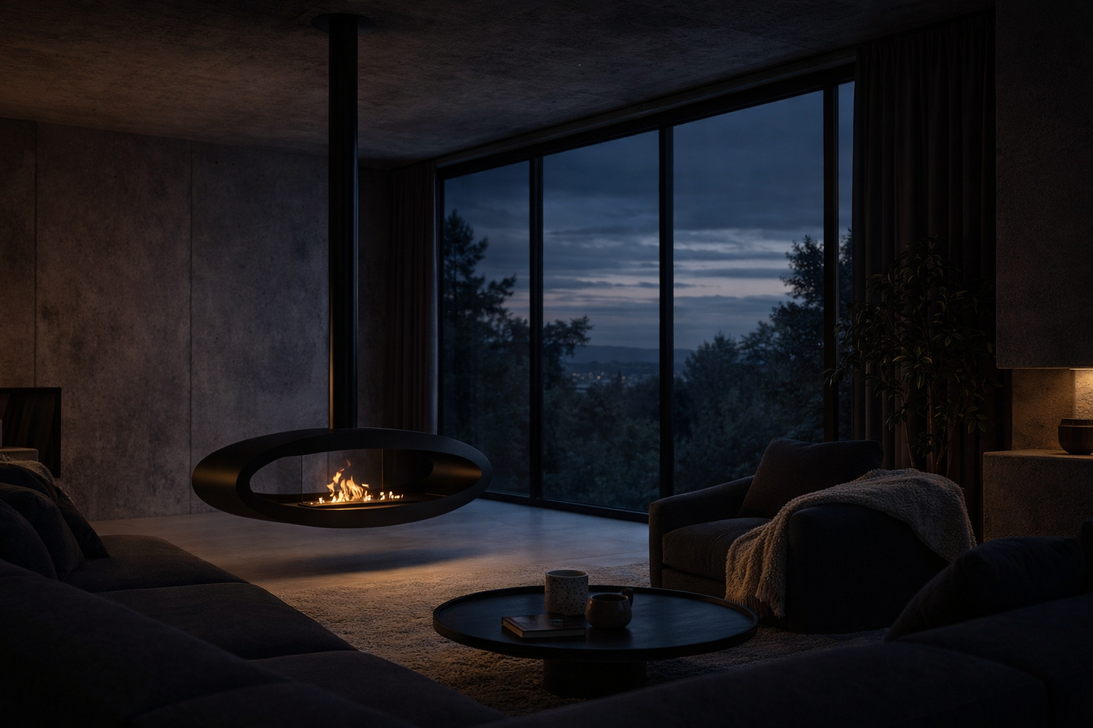 Image of Ova Tube Black See-through Ceiling Fireplace 120 cm