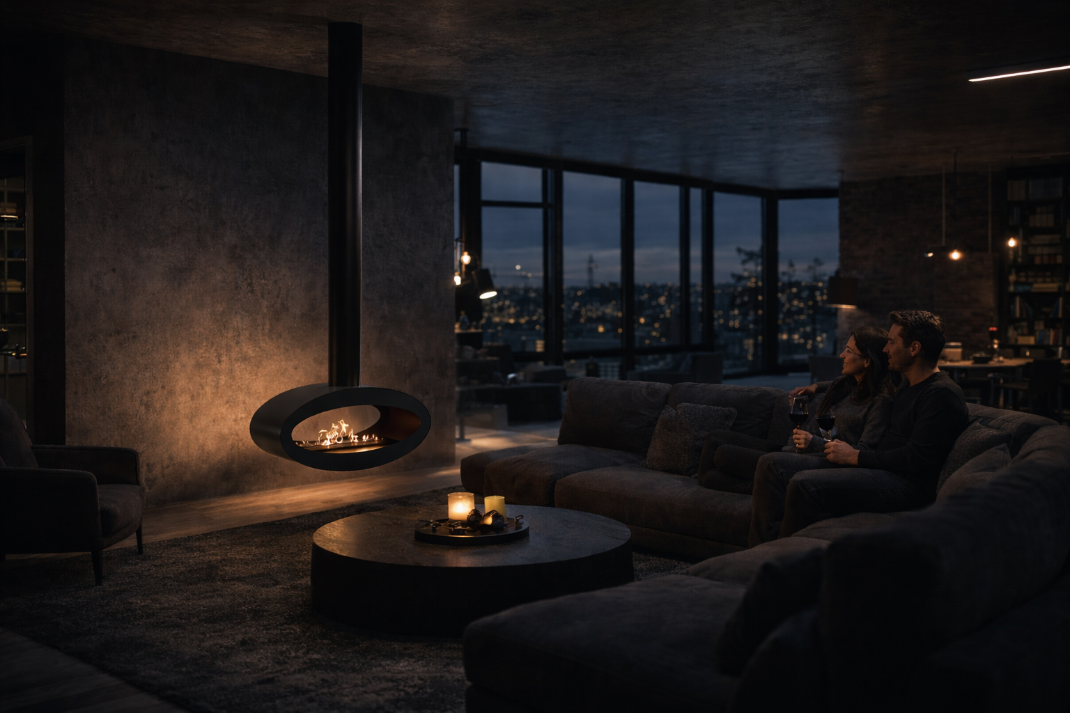 Image of Ova Tube Black See-through Ceiling Fireplace 80 cm