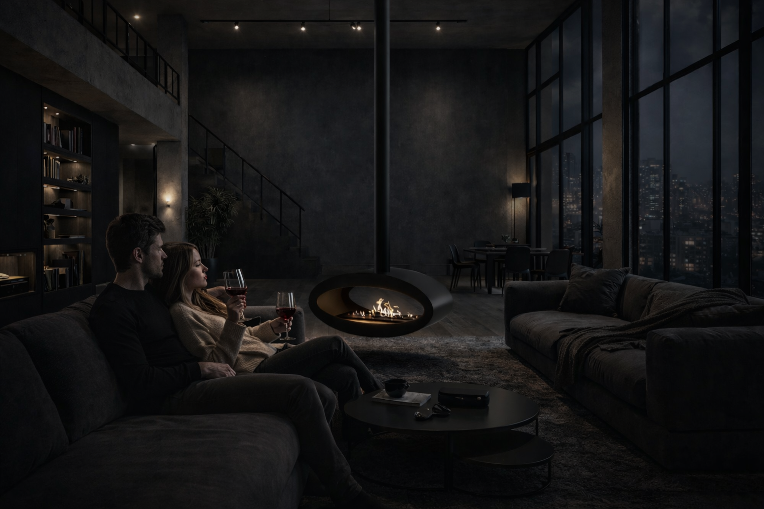 Image of Ova Tube Black See-through Ceiling Fireplace 80 cm